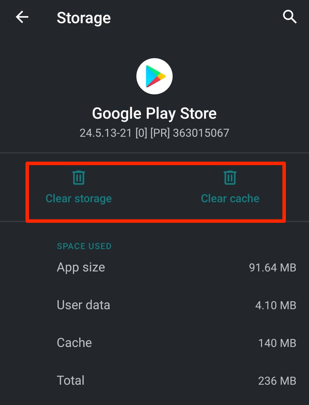 Google Play Store Clear Cache and Clear Storage button