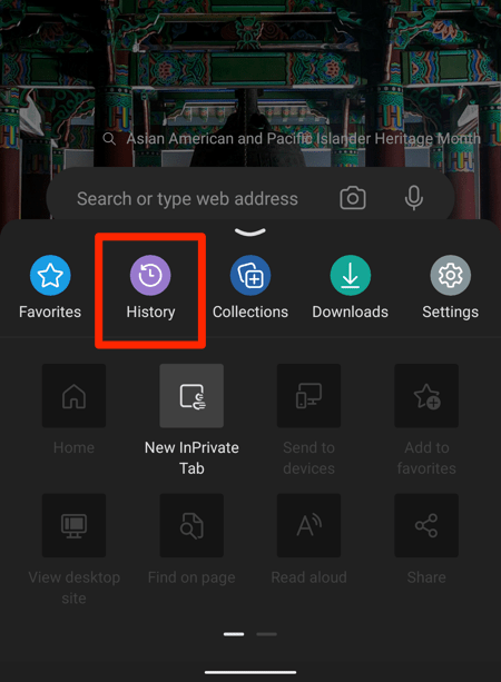 History menu in Edge for Android