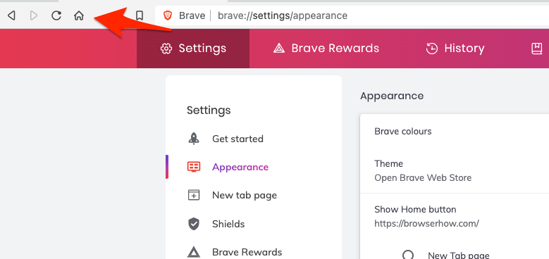 Home icon enabled with custom URL on Brave computer browser