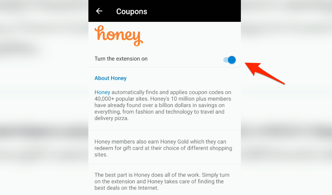Honey Coupons Deals in Microsoft Edge for Android