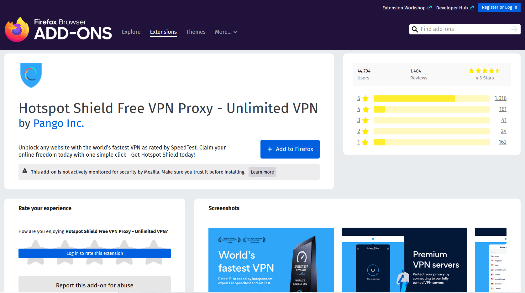 Hotspot Shield Free VPN service Firefox add-on