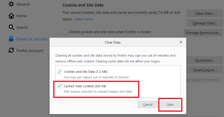 How to clear cache storage space in Firefox computer