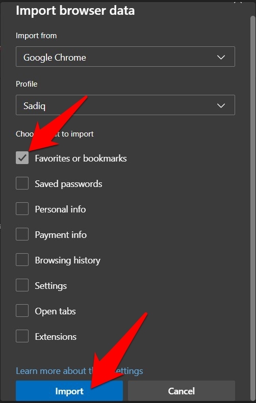 Import Favorites or Bookmarks in Microsoft Edge browser