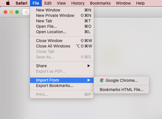 Import From option in Safari browser File menu
