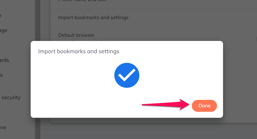 Import bookmarks and settings completed on Brave computer