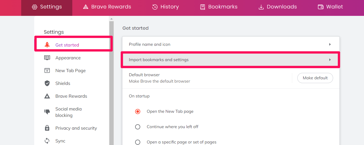 Import bookmarks and settings menu on Brave computer