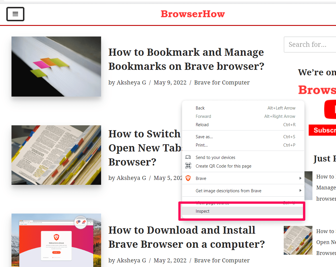 Inspect Element option in Right Click context menu on Brave browser