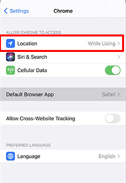 Locations settings option for Chrome iOS and iPadOS