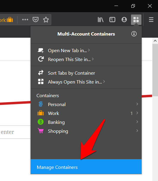 Manage Containers option in Firefox Browser