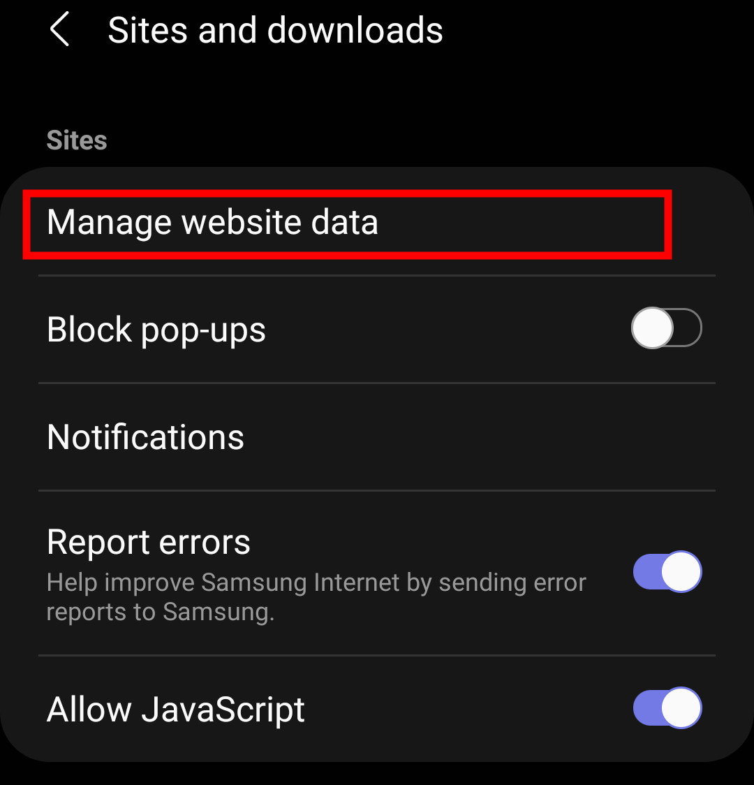 Manage Website Data settings in Samsung Internet