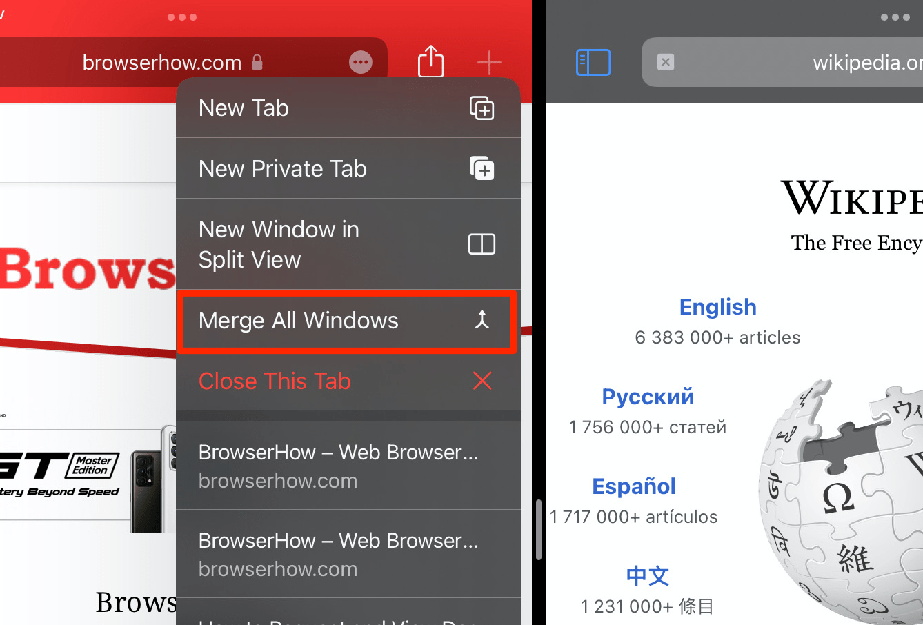 Merge All Windows option in Safari iPad