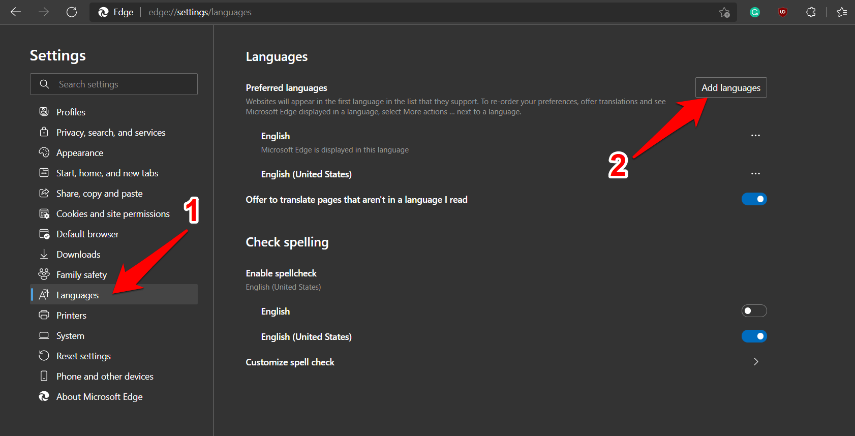 Microsoft Edge Languages Settings Add Language button