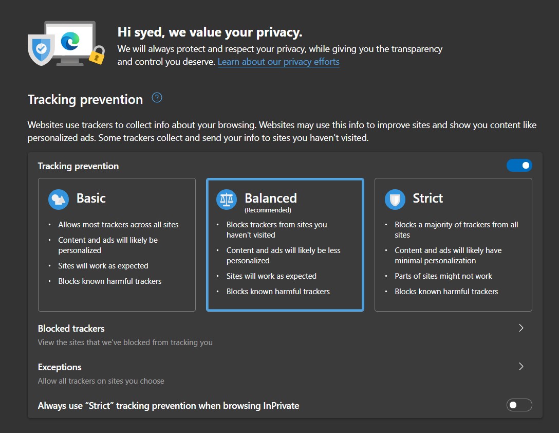 Microsoft Edge Privacy Settings set to Balanced