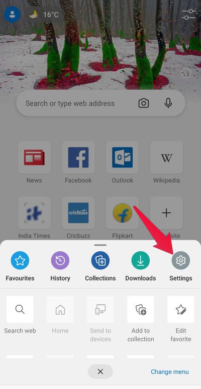 Microsoft Edge Settings gear menu in Android Phone