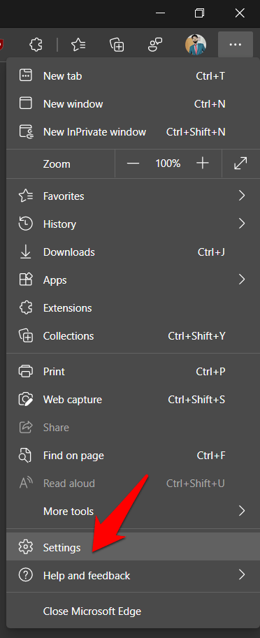 Microsoft Edge Settings menu