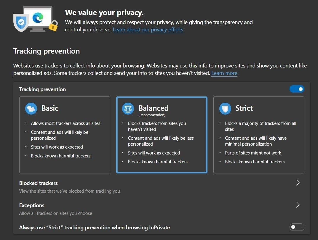 Microsoft Edge Tracking Prevention and Settings Options Window