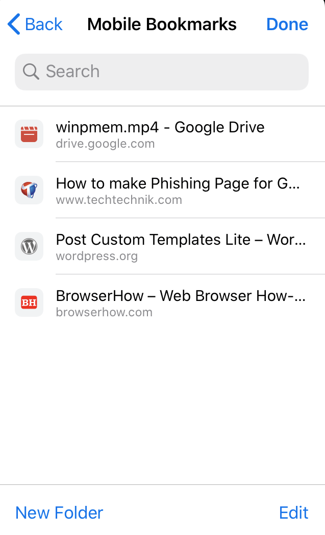 Mobile Bookmarks with New Folder and Edit Command button in Chrome iOS