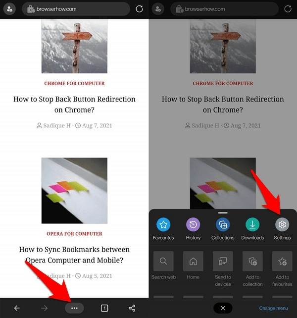 More Menu option with Settings option in Edge Android