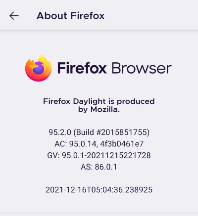 Mozilla Firefox Build Version number in Android Phone