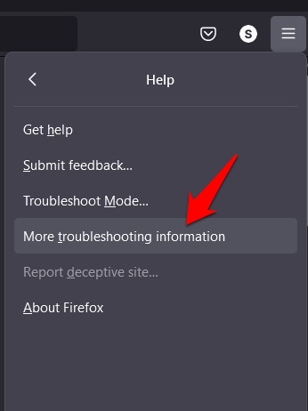 Mozilla Firefox More Troubleshooting Information menu under Firefox Help