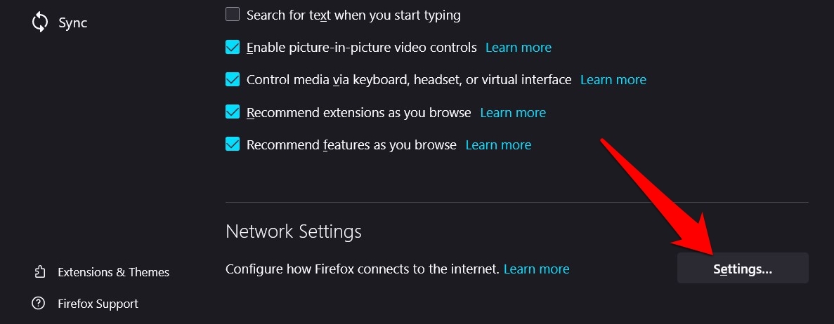 Mozilla Firefox Network Settings button
