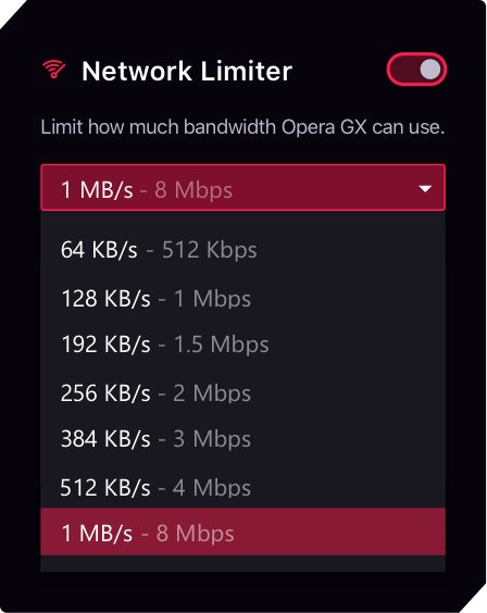 Network Limiter feature in Opera GX gaming browser