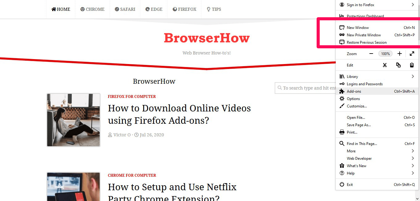 New Window and Private Window in Firefox Menu