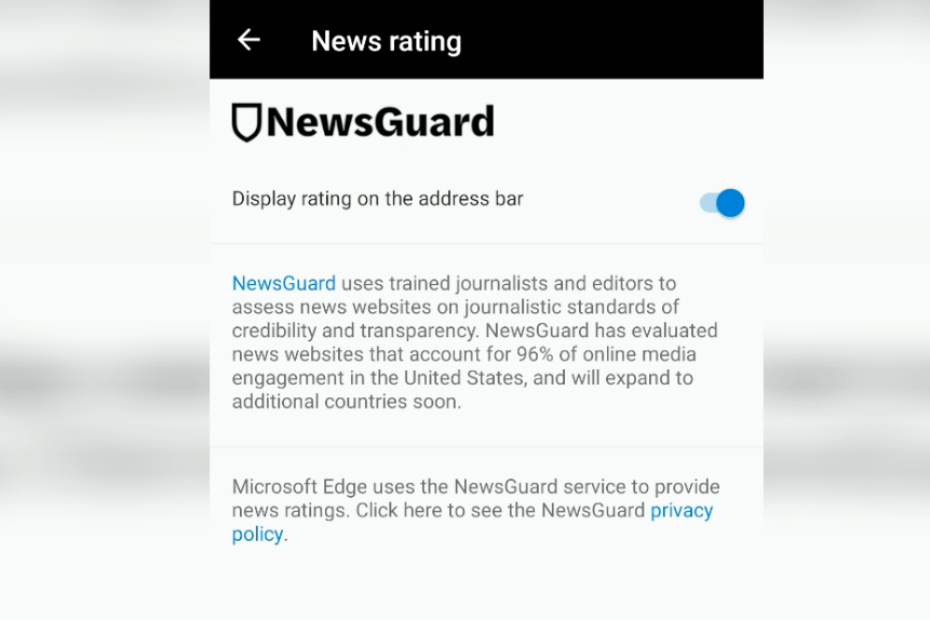 NewsGuard News rating in Edge Android
