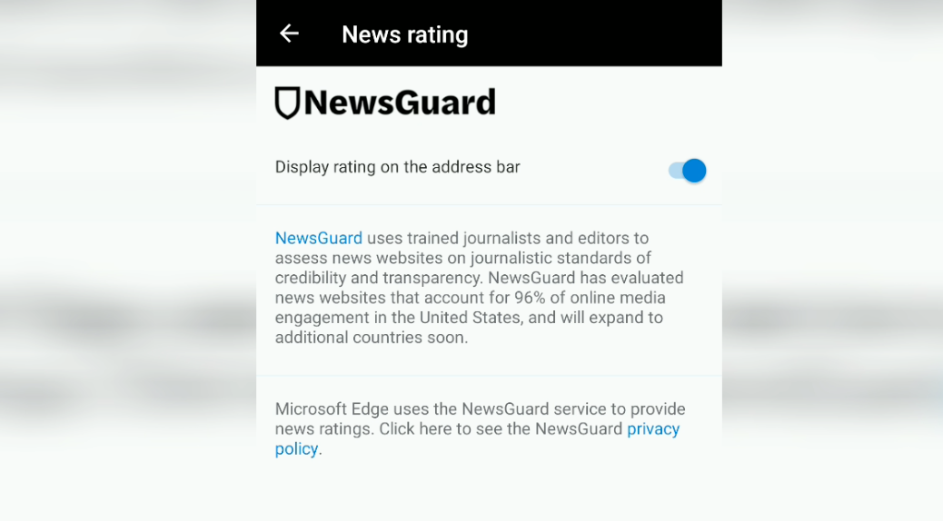 NewsGuard News rating in Edge Android