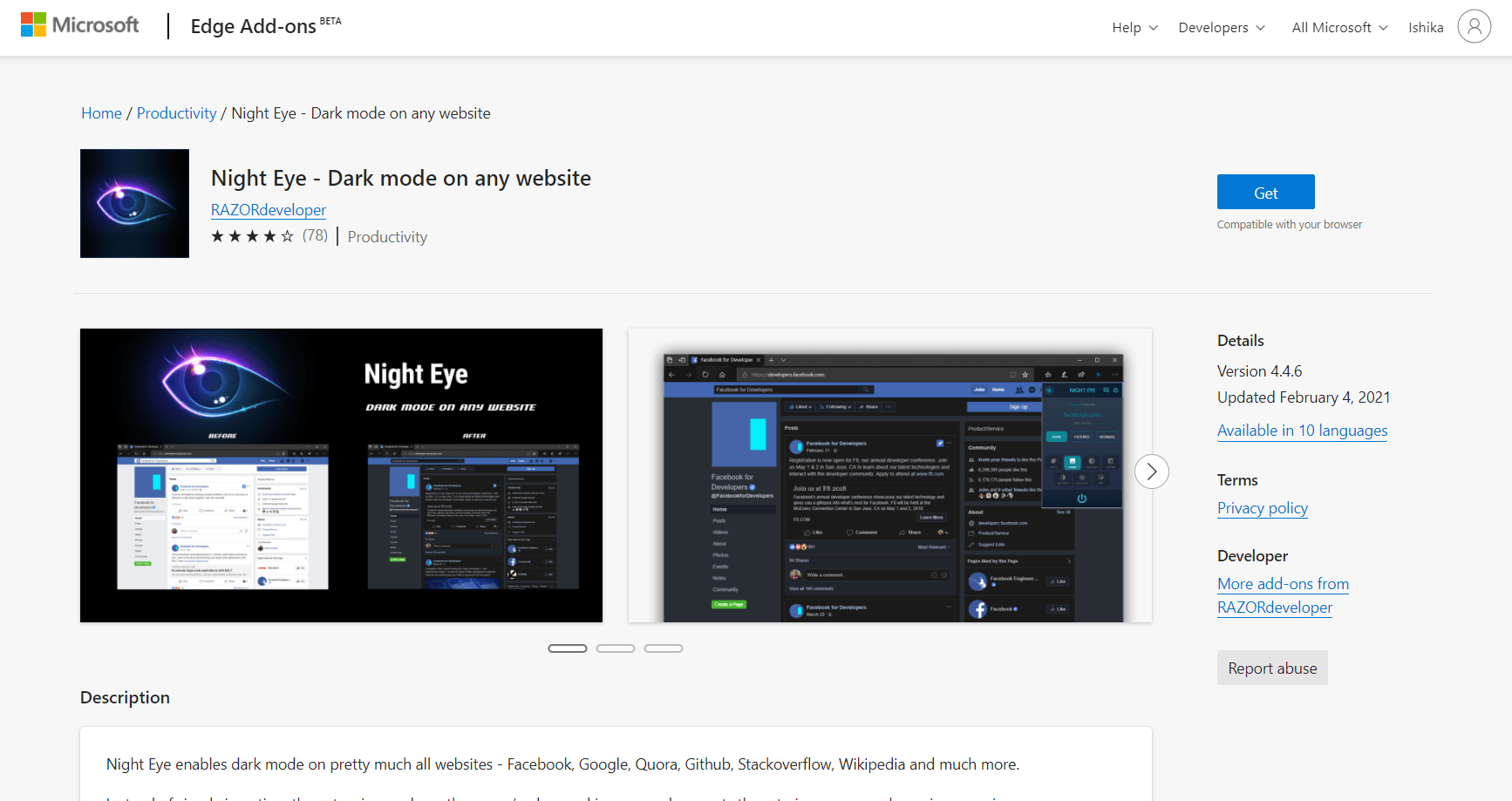 Night Eye Dark Mode on any website Edge extension
