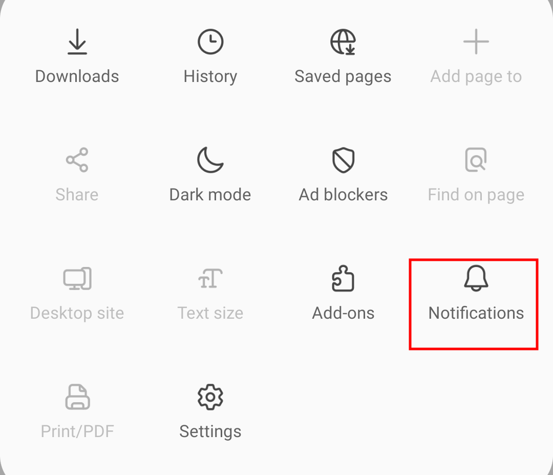 Notification Settings Menu in Samsung Internet