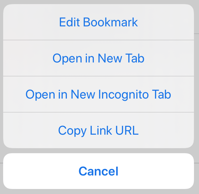 Open in New Tab New Incognito Tab and Copy Link URL submenu in Chrome iOS