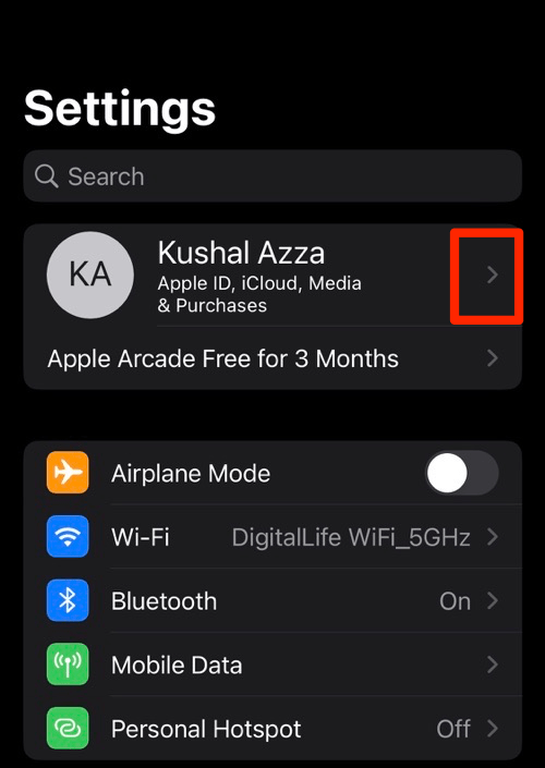 Open Apple ID screen on iPhone Settings