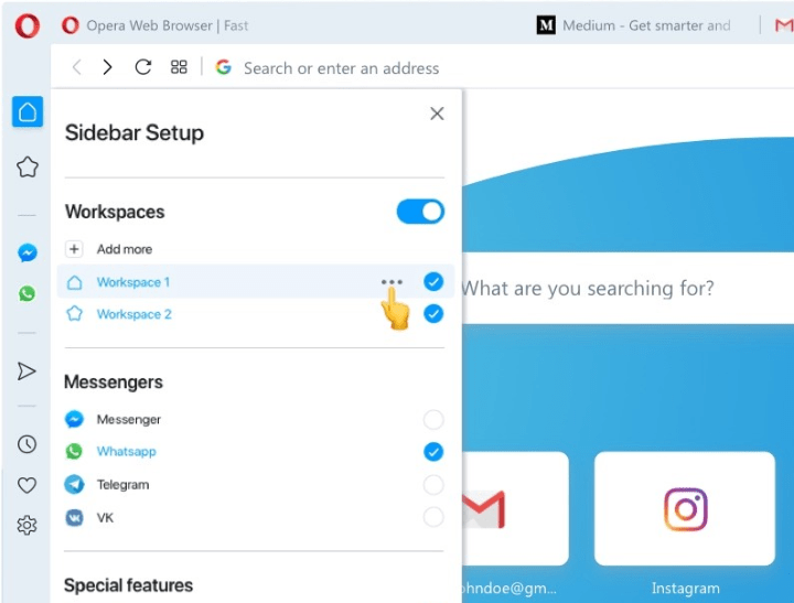 Opera Browser Workspaces and Social connection in sidebar tabs