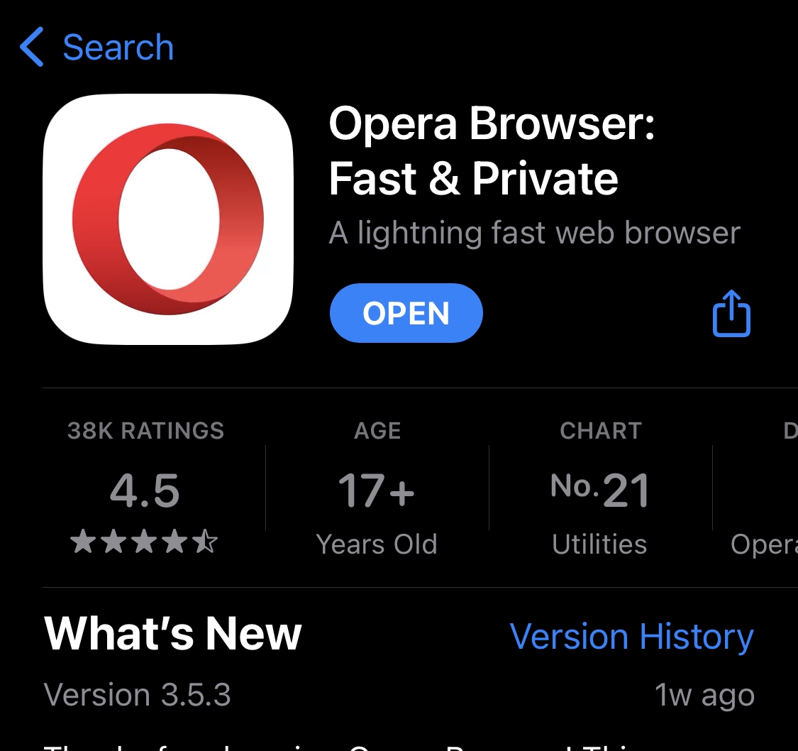 Opera for iPhone on App Store Open button