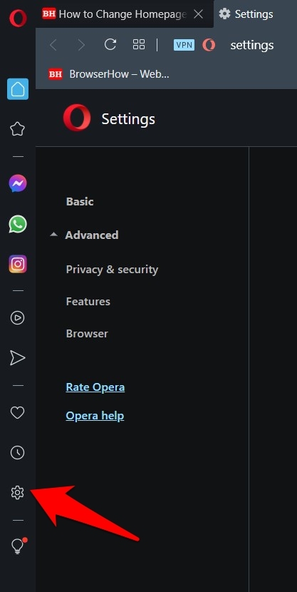 Opera settings gear icon