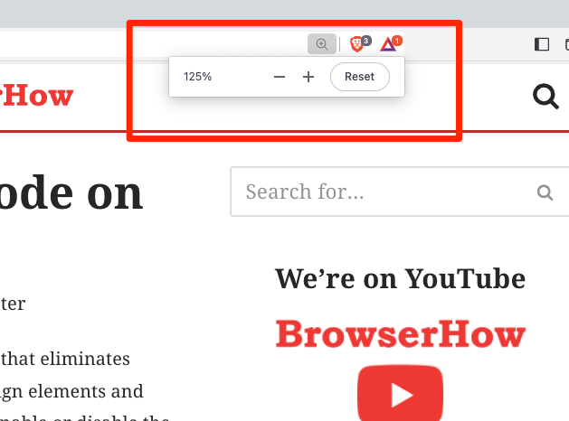 Page Zoom options bar with Reset button on Brave browser