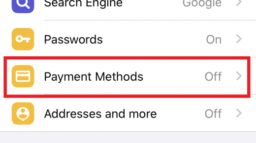 Payment Methods Tab in Chrome Settings on iPhone