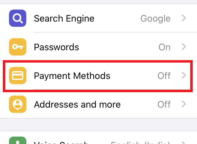 Payment Methods Tab in Chrome Settings on iPhone