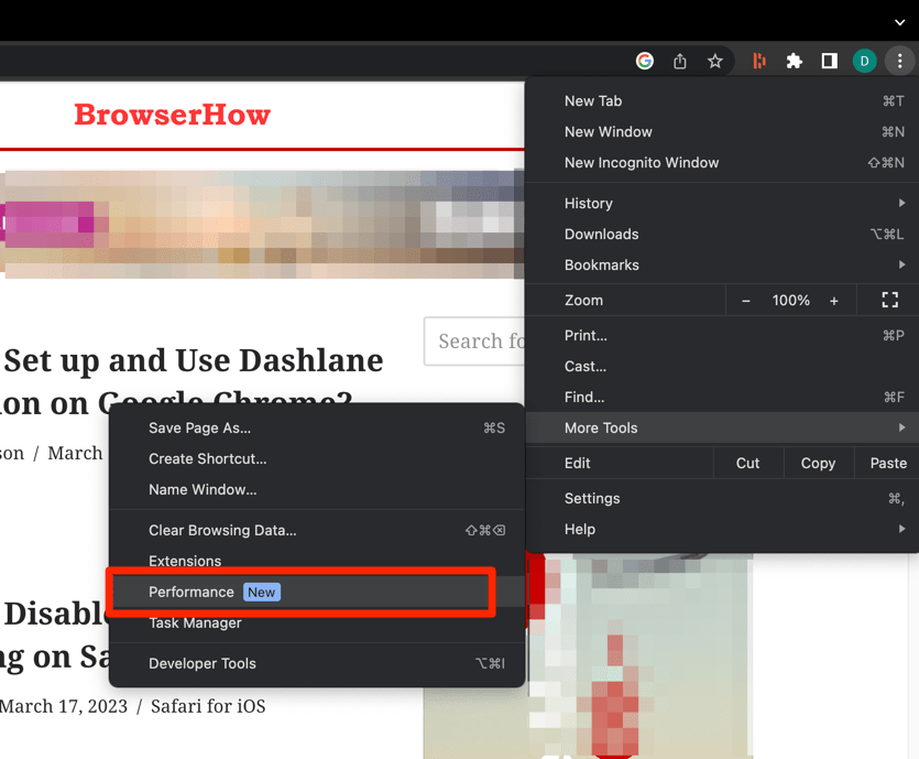 Performance menu under More Tools in Chrome browser