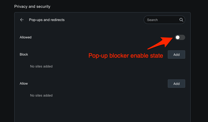 Pop-up and redirect option is blocked in Opera computer