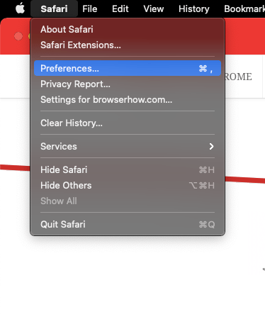 Preferences menu under Safari menubar