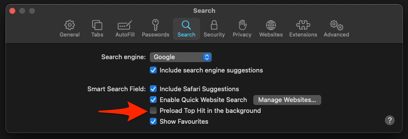 Preload Top Hit in the background disabled in Safari browser