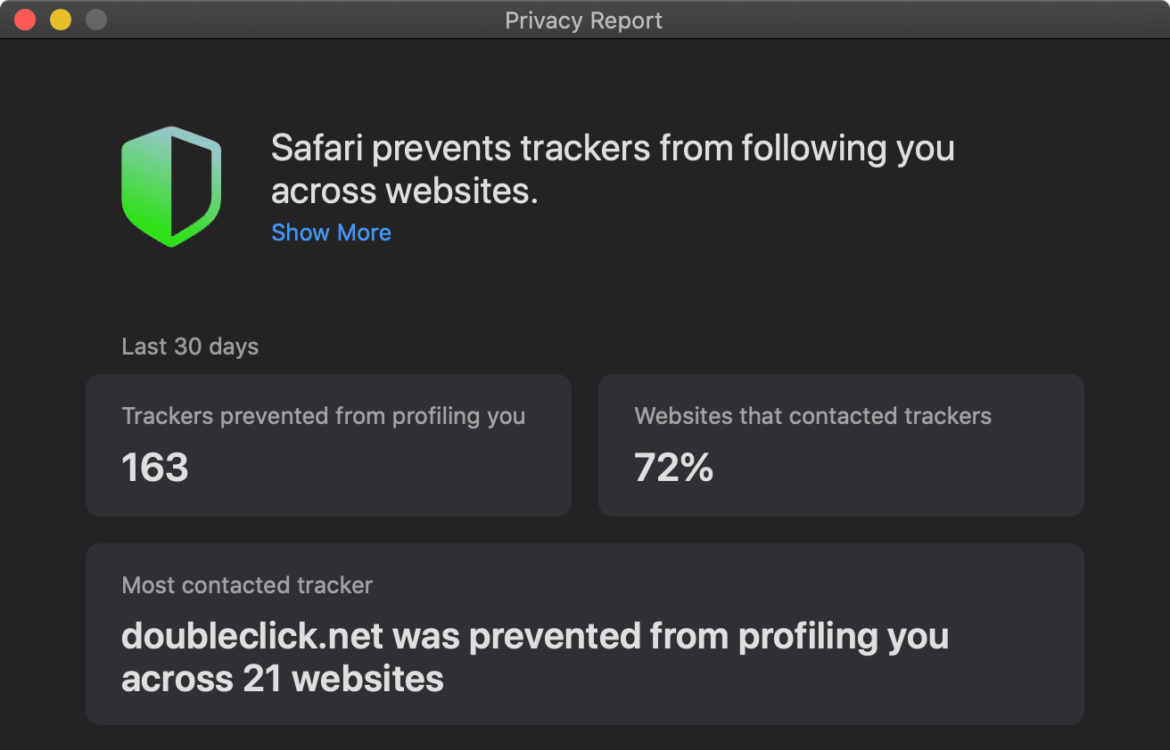 Privacy Report option in Apple Safari Mac