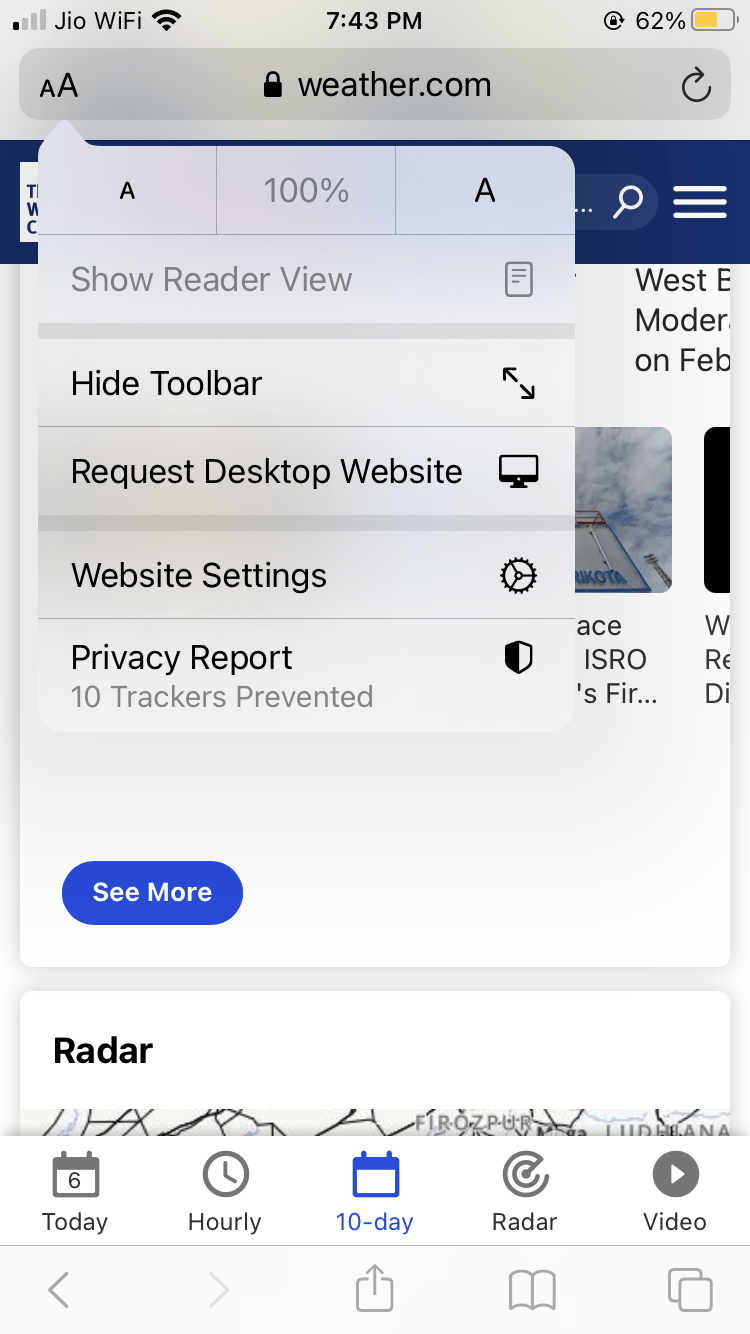 Privacy Report option on Safari iPhone