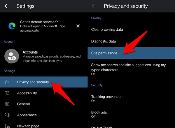 Разрешения на конфиденциальность и безопасность сайта в Edge для Android