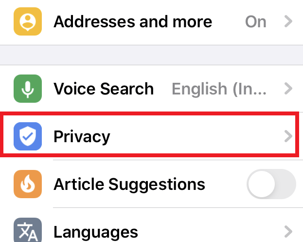 Privacy tab under Settings Menu in Chrome iOS