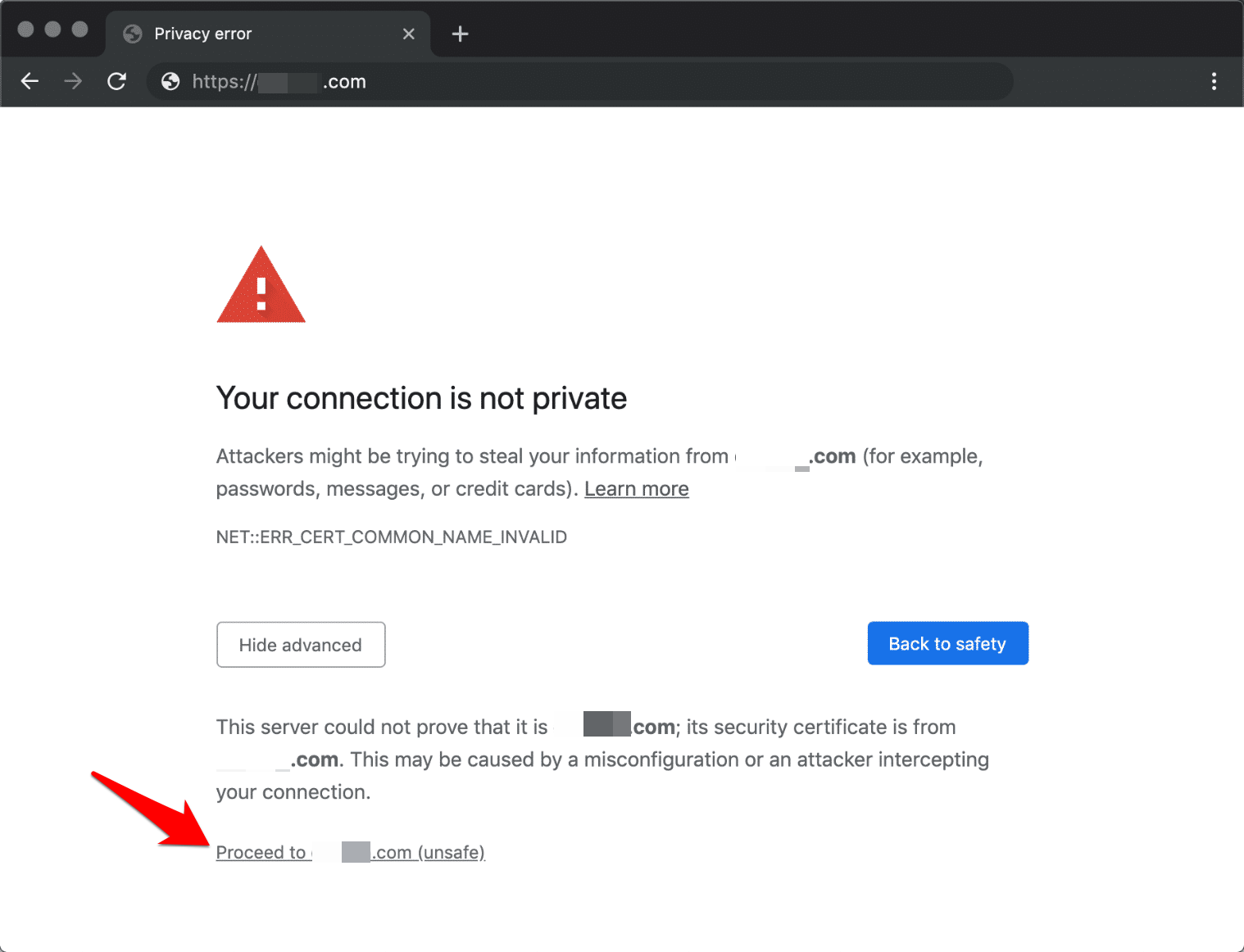 Proceed to insecure site with connection not private error