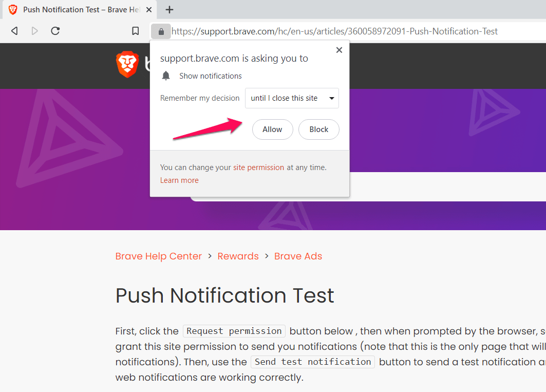 Push Notification test on Brave browser to Allow or Block notification