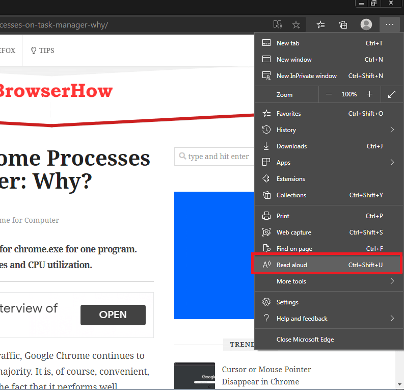 Read aloud option menu in Microsoft Edge computer